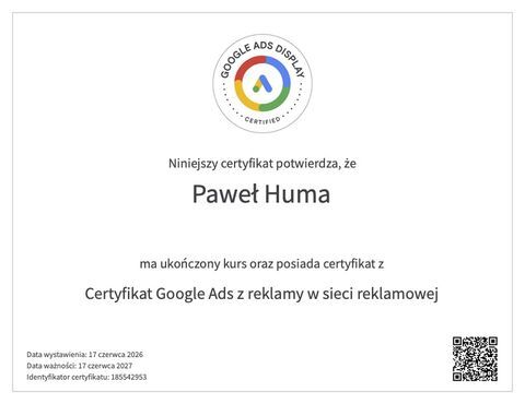 Certyfikat Google Ads z reklamy w sieci reklamowej — Paweł Huma, Stronisław