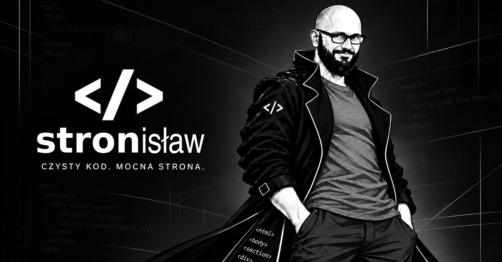 Postać marki Stronisław, logo i hasło Czysty kod. Mocna strona.