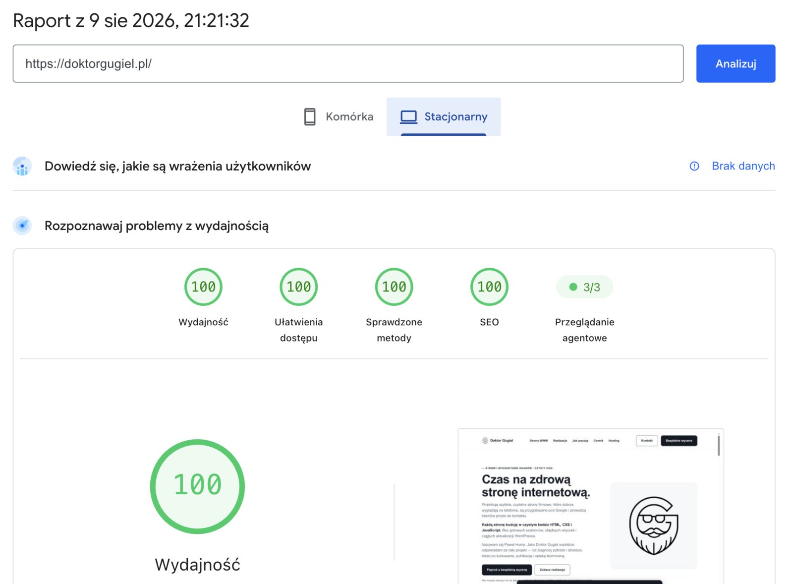 Przebudowa strony internetowej doktorgugiel.pl — PageSpeed desktop 100 na 100