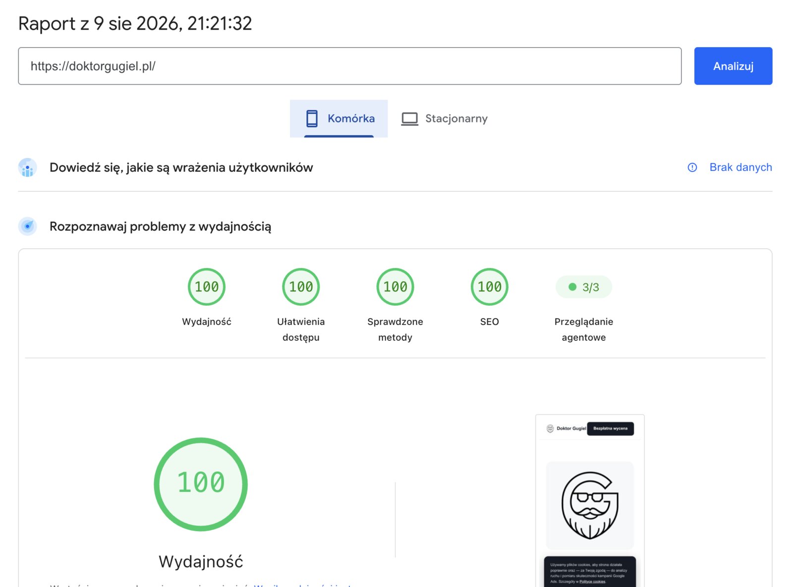 Przebudowa strony internetowej doktorgugiel.pl — PageSpeed mobile 100 na 100