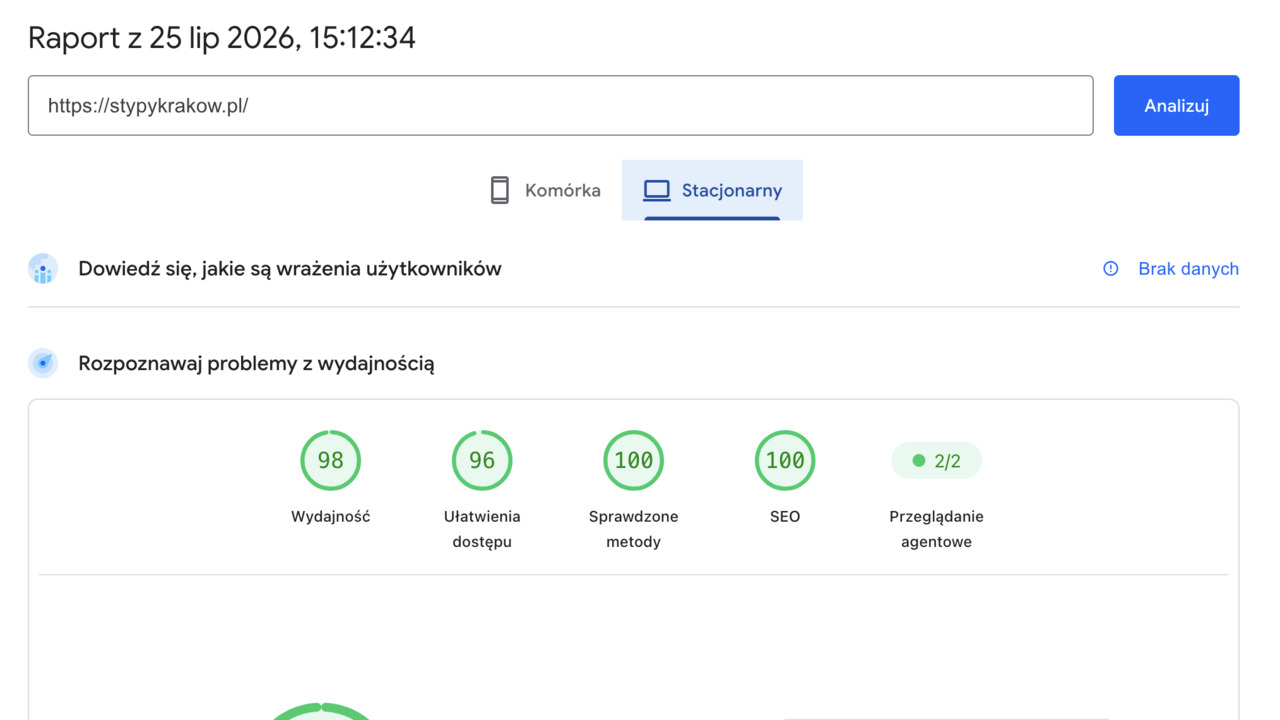 Strona stypykrakow.pl po przebudowie — PageSpeed desktop 98 i SEO 100
