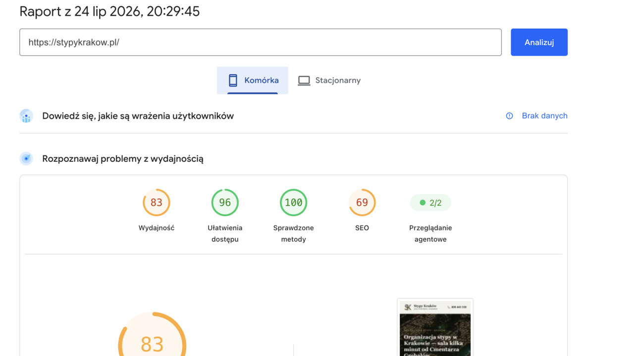 Strona stypykrakow.pl przed przebudową — PageSpeed mobile 83 i SEO 69